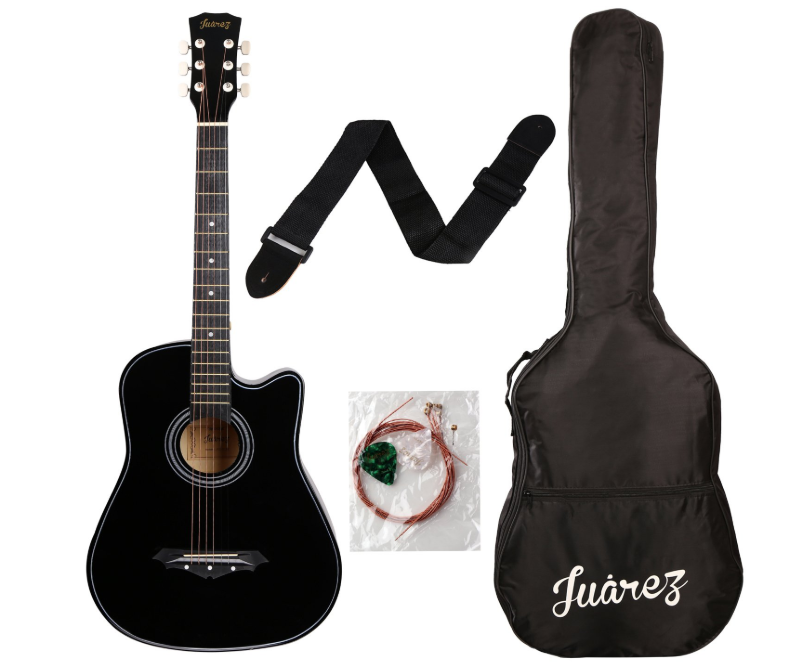 Juârez Acoustic Guitar Kit, 38 Inch Cutaway, 038C with Bag, Strings, Pick and Strap, Black
